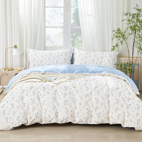 SAPHREAS Blue Floral Double Size Duvet Cover Set 100% Cotton 3pcs, Botanical Flower White Bedding Comforter Cover Set, 1 Duvet Cover 2 Pillow Shams, Comforter Not Included