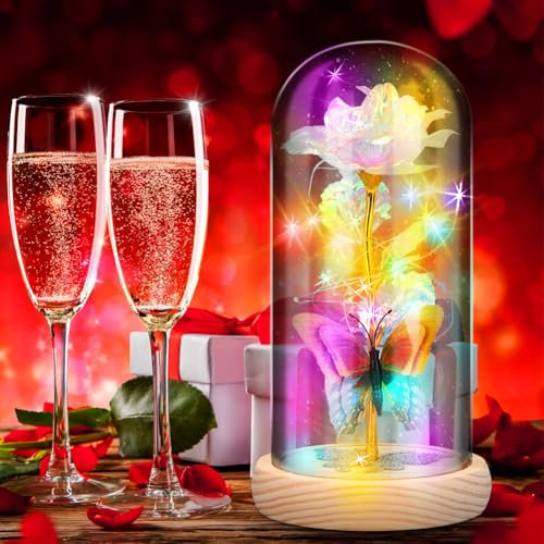 Rose Gifts, Birthday Wedding Gift for Women, Flower Gift, Artificial Flower Gifts for Mum, Wife, Grandma, Friend, Girlfriend, Sister, Light Up Rose in A Glass Dome for Anniversary Graduation, White