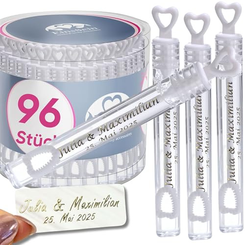 EinsSein Seifenblasen Hochzeit 96er Set Herzgläschen weiß personalisiert | kleine Seifenblasen Flaschen mit Aufkleber | Hochzeitsseifenblasen Deko Hochzeit Gastgeschenke