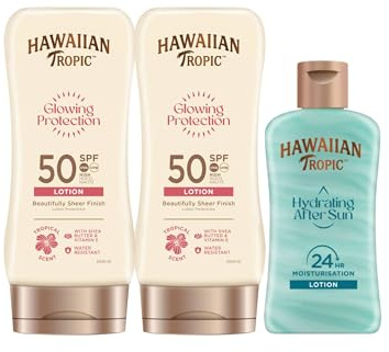 Hawaiian Tropic Glowing Protection Ultra Radiance - Loción Solar Protectora SPF 30, Protege la Piel, Crema 180 ml (Paquete de 2) + Loción After Sun Hidrating Protection Formato Viaje 100 ml