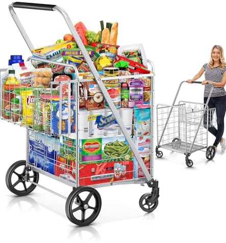 Borstom Carro de la Compra Extra Grande,119T x 13B x 63,5H cm, Carrito Compra Plegable con Capacidad 208KG con Doble Cesta,Fácil Montaje, Supermercado y Mudanzas