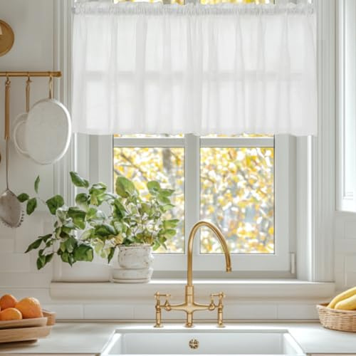 HiSnug Curtain Scheibengardinen Küche Weiß Leinen Bistrogardine für Balkontür Wohnwagen Landhausstil Bauernhaus Gardinen Kurz Halbtransparente Küchengardinen H45 x B90 cm - 2 Stück