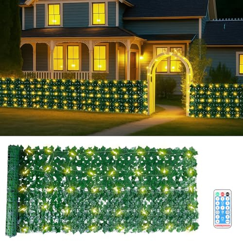 ZONJIE Recinzione di edera artificiale, 1 x 3 m, estendibile, con luce solare, per balcone, giardino, privacy
