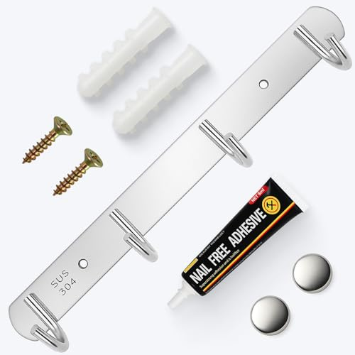 Hängeleiste Edelstahl mit 4 Haken, Wandhakenleiste ohne Bohren mit starkem Nagelfrei-Kleber und Schrauben, rostfrei Handtuchhalter Küche Bad Balkon, 1,2mm dick, J-Haken, glatte Kanten, hohe Tragkraft