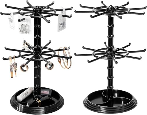 OGMBI Lot de 2 présentoirs à bijoux rotatifs en plastique à 2 niveaux - Organisateur de bijoux rotatif pour colliers, bracelets, boucles d'oreilles, bagues et porte-clés (noir)