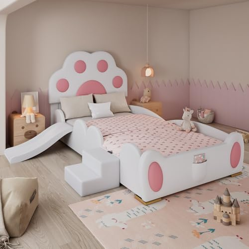 YuQozii Cama tapizada, cama individual, cuna, cabecero en forma de pata de gato, con un tobogán infantil y una escalera de dos niveles, superficie de poliuretano, color blanco + rosa, 90 x 200 cm