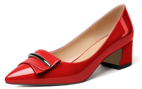 Elashe Escarpins Femme Petit Talon Confortable Bout Pointu 5 cm Block Heel Chaussure Chic Lack Rouge EU39