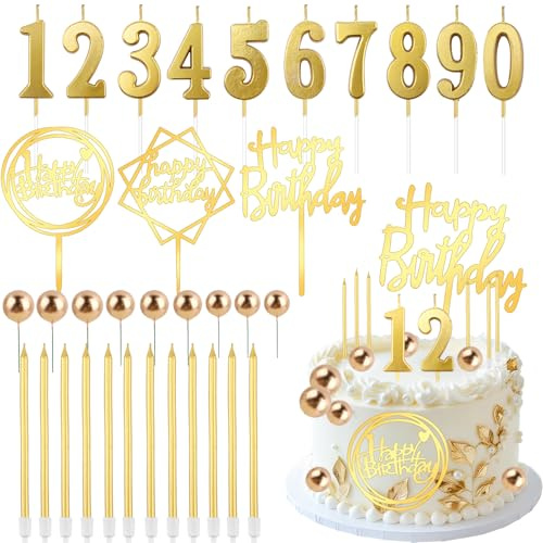 Morofme Gold Happy Birthday Tortendeko 34 Stück, Geburtstagskerze mit 0-9 Zahlen, Gold Kugeln、Geburtstagskerzen Cake Topper, Tortendeko Geburtstag für Kuchendeko 1 8 30 40 50 60 Geburtstag Mann Frau
