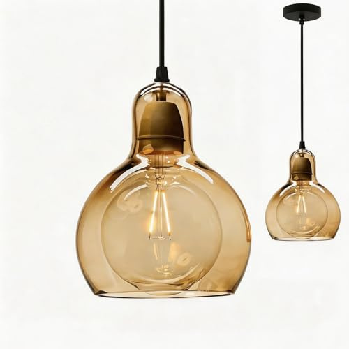 NICRX Moderne Glas-Pendelleuchte mit E27 Fassung,Höhenverstellbares 150cm Hängelampe für Kücheninsel, Esszimmer,Wohnzimmer und Schlafzimmer,Hängeleuchte Deckenleuchte für Ihr Zuhause (Bernstein)