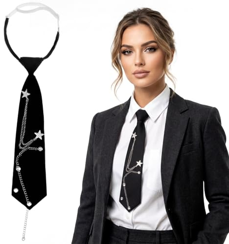 TIESOME 1 Pcs Black Fashion Tie for Women & Girl, Star Tie, Pre-Tied Black Neck Ties, Adjustable Punk Metal Chain Accent, Trendy Goth Ties for Women & Girls