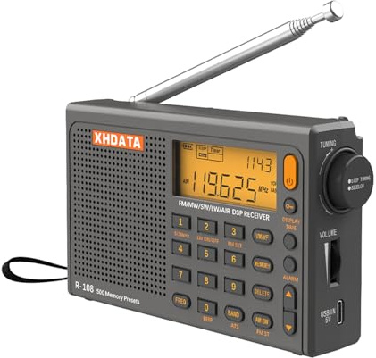 XHDATA R-108 Kleines Tragbare Radios Wiederaufladbares Batterieradio UKW FM AM SW Airband Radio weltempfänger digitalradio mit ATS-Stationsspeicher Sleep-Funktion (Grau)