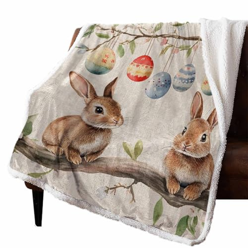 Easter Bunny Sherpa Fleece Throw Blanket 50x60, Vintage Red Green Eggs Branch Leaf Spring Pink Flower Linen Fluffy Soft Blanket, Warm Lightweight Throw for Couch Bed Sofa Travel Camping, All-Season