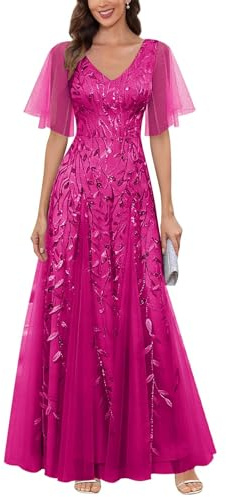 KIYNE Vestido de tul para mujer con mangas y lentejuelas brillantes, vestido de fiesta formal, fucsia, 46 Grande