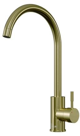 Flode WRAS Approved Kitchen Mixer Tap – Brushed Brass – Luxury Modern High Arc Monobloc Sink Mixer – Single Lever Designer Kitchen Faucet