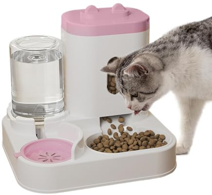 Kattmatare – 2-i-1 vattenbehållare | automatisk hundfoderautomat, för valpfoder, drycker, våt och mat, inomhus och utomhus, kattunge och