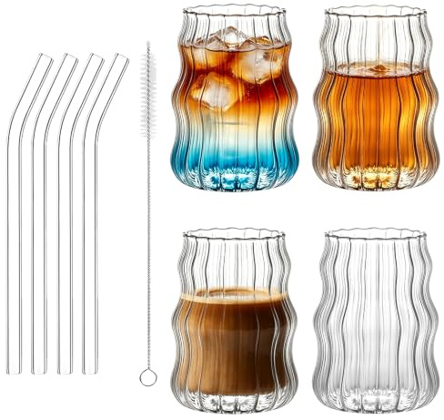HOVCEH 4 Piezas Vaso con Pajita, 530ml Vaso Matcha Acanalados, Vasos Borosilicato con 4 Pajitas de Vidrio y 1 Cepillo de Limpieza para Tazas de Espresso, Capuchino, Mojito, Matcha, Batido