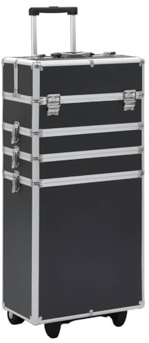 Kaloriko Kosmetikkoffer Aluminium Schwarz mit 4 Etagen und ausziehbaren Ablagen, 37x22x78 cm, mit 4 abnehmbaren Rollen, Organizer für Makeup, Pflegeprodukt, Reise und Handgepäck