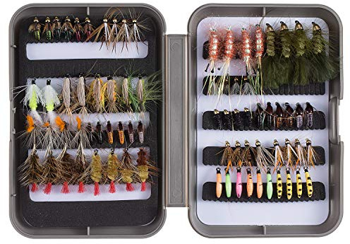 BASSDASH Mouches de pêche à la Truite Steelhead - Hameçons sans ardillon - avec Mouches sèches et humides - Nymphes - Œufs - Kit de leurres à Mouches avec boîte à Mouches (76 Mouches barbelées)
