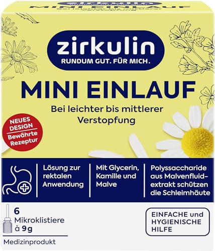 Zirkulin Mini-Einlauf, Einlauf bei leichter bis mäßiger Verstopfung, mit Glycerin, Kamille und Malve, stimuliert die Darmentleerung, 1 x 6 Mikroklistiere à 9g