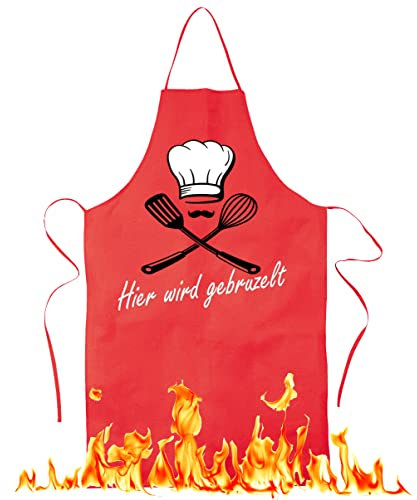 Blickfang Lustig bedruckte Schürze | Hier wird gebruzelt |Grill, BBQ | Küchenchef, Koch | Kochschürze, Latzschürze, Küchenschürze Grillschürze, Partyschürze | Geschnek, Geburtstag, Schurz (Rot)