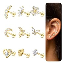ADRAMATA 9 Stück 16G Helix Piercings Tragus Knorpel Ohrringe Set für Damen - Conch Labret Zirkonia Schmetterling Mond Gold Silber Ohr Piercing