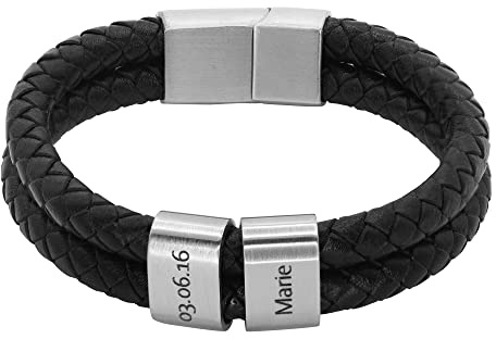 Heideman Herren Lederarmband Elian 2 Gravurplättchen silber | Elian Herren-Lederarmband, geflochtenes Leder, silberne Gravurplättchen, personalisierbar, Magnetverschluss, für Männer