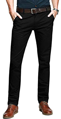 Aeslech Mens Tapered Stretch Chinos Casual Smart Trousers Formal Regular Fit 169 Black 36