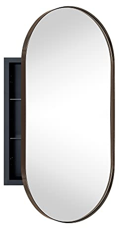 EGHOME Oil Rubbed Bronze Oval Recessed Bathroom Medicine Cabinet with Mirror Stainless Steel Metal Framed Oblong Pill Shaped Bathroom Cabinet with Mirror 16x33''