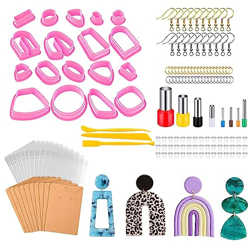 Yuaaoh 129 Stück Polymer Clay Set - Ohrringe Rohlinge, 18-Form Ton Ausstecher, Ohrringe Selber Machen Mit Ohrring-Karten Und Haken für Schmuckherstellung DIY (Rosa)