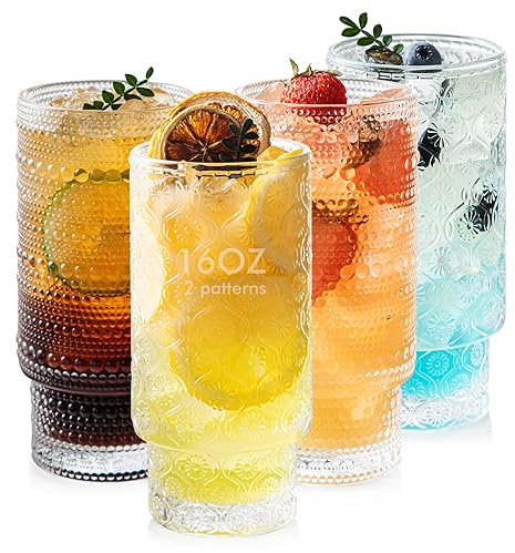 POLIDREAM Drinking Glasses Set of 4 Embossed Glass Tumbler 16oz Vintage Whiskey Glasses Hobnail Cocktail Glasses Romantic Water Glasses for Beer Juice Whiskey Cocktail Milk(2 Embossed & 2 Hobnail)