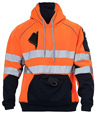 AAIF RETAILS® Mens Hi Vis Hoodie Sweatshirt Safety Security Workwear Reflective Tape Tops Warm Fleece Jumper Two Tone Zipper Pullover (Orange Large)