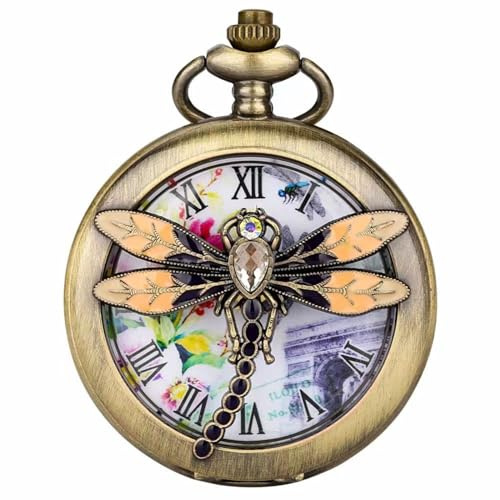 AAKG Montre de Poche à Pendentif Libellule en Diamant coloré, Montre de Poche à clapet Creuse, Montre à Collier, Dame, Montre de Poche pour Fille (Accessoire)