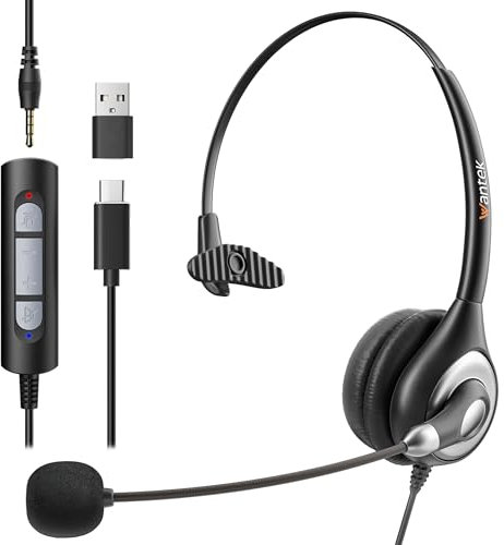 Wantek Type-C Casque 601N, Une Oreille Avec Microphone Réduction Du Bruit, 3,5 mm/Type-C/USB Centre D'appel Pour Réunion D'équipe Ordinateur Portable Tablette Smartphone