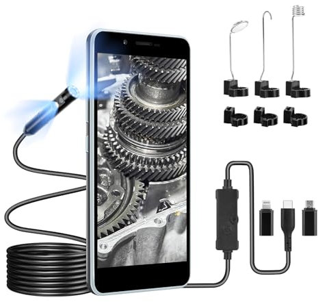 WADEO Dual Lens Endoscope Inspection Camera, [1920x1440P] [5M Rigid Cable] [3 Hooks] 8 LED Lights, Waterproof IP67, 360°Rotation Flexible Borescope Lens for iOS, Android, Type-C
