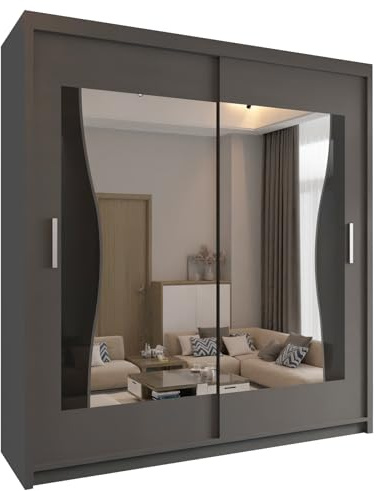 FURNITUREWAVE Modern Batumian Wardrobe Closet with Curved Mirror Double Doors, Hanging Rods, Shelves - Bedroom Storage Organizer (Grey, 150cm)
