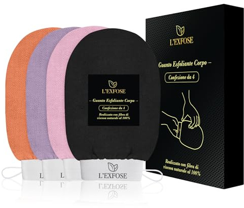 L'Exfose Kessa Hammam Deep Exfoliating Glove 4pc - Korean Exfoliating Mitt for Shower Ideal for Dead Skin Remover, Keratosis Pilaris & Self-Tanning to Improve Skin Tone Made with 100% Natural Viscose