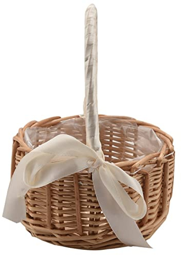 Smallterm Woven Flower Basket Rattan Storage Basket Flower Girl Hand Basket Handmade Flower Basket with Bow, S