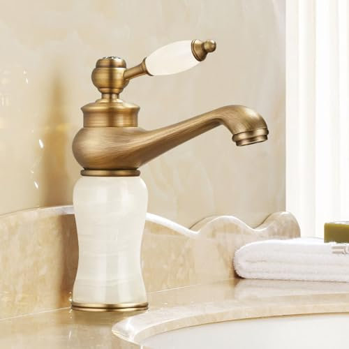 ganzkupfer-waschbecken aus natürlicher Jade, warm- und kaltwasserhahn, goldfarbener, spritzwassergeschützter Wasserhahn, antik – weißes Jade-Modell