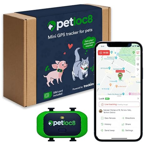 Mini Petloc8 - Rastreador GPS para mascotas para gatos y perros – Rastreador de perros pequeños o gatos que se adapta al collar de tu mascota, batería de larga duración, resistente al agua, geofencing