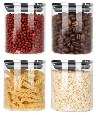 FoiiLiio 400ml Barattoli Vetro con Coperchio Set di 4 Barattolo Vetro con Coperchio in Acciaio Inox, Ermetici, per Spezie, Noci, Cereali - Φ8.5x10cm