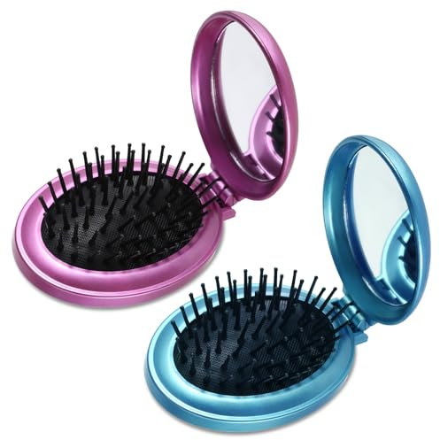 2 Pcs Foldable Round Hairbrush with Mirror Portable Compact Hair Brush Mini Hair Comb Mini Travel Hair Brush Pocket Hair Brushes for Men Women and Girls (Blue, Purple)