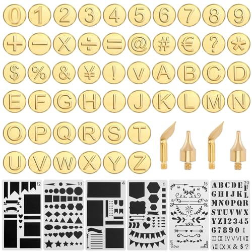GORGECRAFT 56 Stück Holzbrennspitze Goldene Buchstaben Und Zahlen Messingkopf Heißstempel Spitzen Set Alphabet Zahlen Symbol Brandmalerei Kopf Mit 6 Stilen Kunststoff Tagebuch Malschablone Für Holz DI