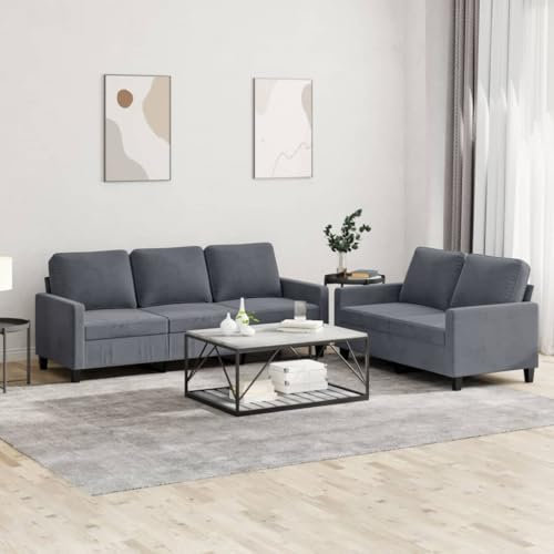 Gecheer Sofagarnitur 2-TLG.Sessel Couch mit Kissen,SamtSofa Wohnzimmersofa mit Armlehnen,Couchgarnitur Designsofa Sitzmöbel Polstermöbel, Dunkelgrau Samt