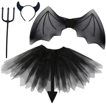 JEWEDECO 1set Costume Da Diavolo Per Ragazzo Ragazza Completo Con Forcone Cerchietto e Gonna Per Halloween e Feste Tema Adatto Bimbi Di