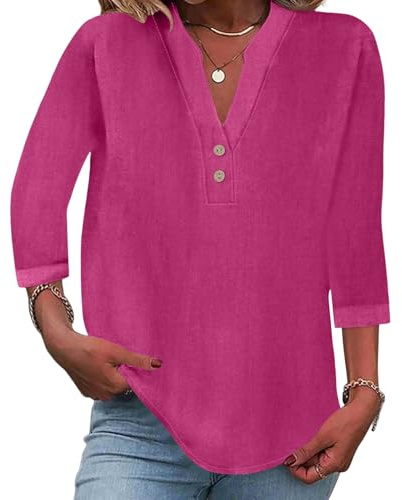Onsoyours Camicia Donna Lino Cotone Elegant Maniche a 3/4 Scollo V Maglia con Bottoni Tunica Solidi Blouse