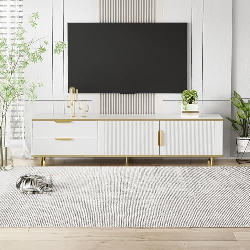 Jaxenor 170cm TV Schrank mit 2 Schubladen und 2 Schranktür, Moderner TV Board mit Stauraum, Fernsehschrank für Wohnzimmer, Goldenen Griffen und Füßen, Weiß
