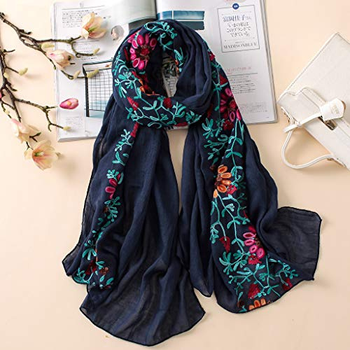 Schal Damen Winter Kuschelig-Schals & TüCher FüR Damen-Damen Schal Stickerei Pashmina Baumwolle Schals Floral Bandana Schals (Dark Blue, One Size)