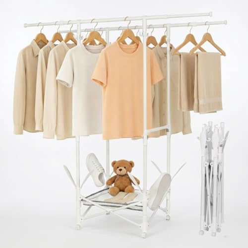 Todeco Séchoir à Linge Pliable sans Montage, Etendoir Linge Extensible avec Porte-Chaussures, Hauteur Réglable Etandage à Linge Intérieur pour Appartements Terrasse Jardin, (84-144) x(87-154) x55cm