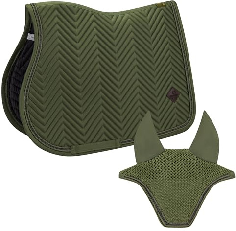 Equimour Spring skrapset med 2 delar – hoppskrapa och flughuva – andas, halkfri och hållbar – elegant ridsport turneringsset varmblod/full – Classic Sage