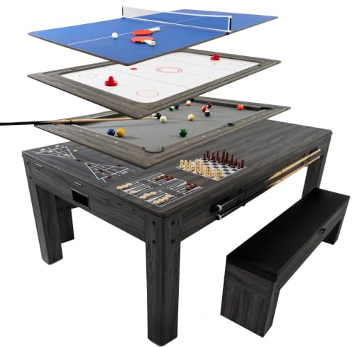 Table Multi Jeux 7 en 1 & Table à Manger Banc de Rangement Gris Billard Anglais Ping Pong Air Hockey Échecs Backgammon Ensemble Soirée Intérieure Divertissement Bureau [Accessoires Inclus]